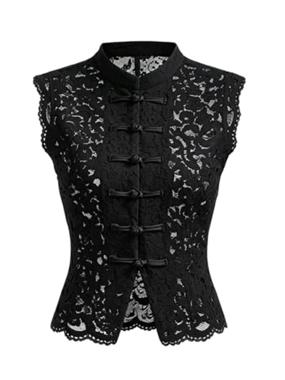Sheer Lace Tank Top Mock Neck Frog Button Mandarin Collar Shirt black